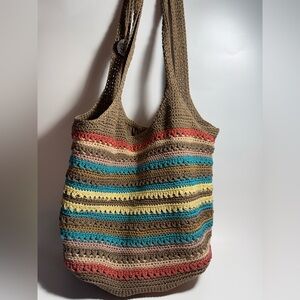The Sak Crocheted Stripe Hobo Bag Boho Shoulder Purse Lined
